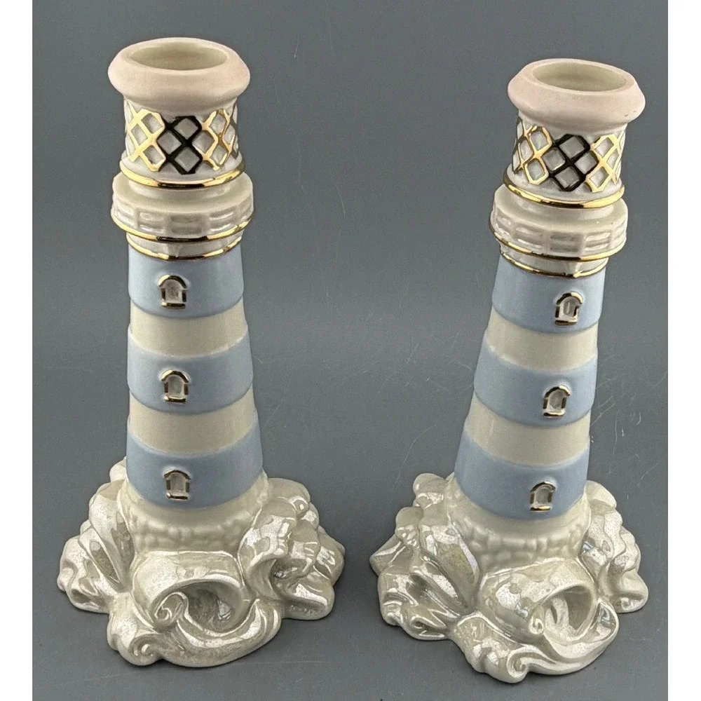 Lenox Seaside Lighthouse Candlesticks Pair 2003 Coastal Nautical Decor 7